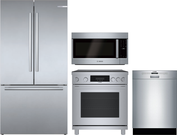 Bosch 4 Piece Kitchen Appliances Package with French Door Refrigerator, Induction Range, Dishwasher and Over the Range Microwave in Stainless Steel BO