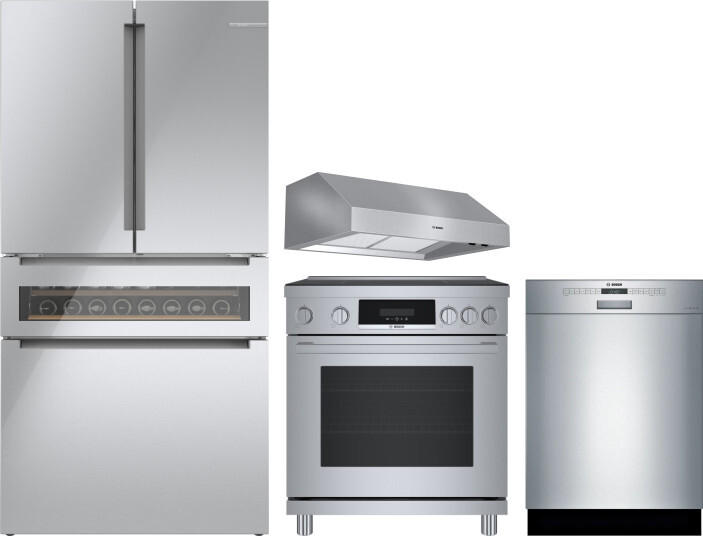 Bosch 4 Piece Kitchen Appliances Package with French Door Refrigerator, Induction Range and Dishwasher in Glass over Stainless Steel BORERADWRH605