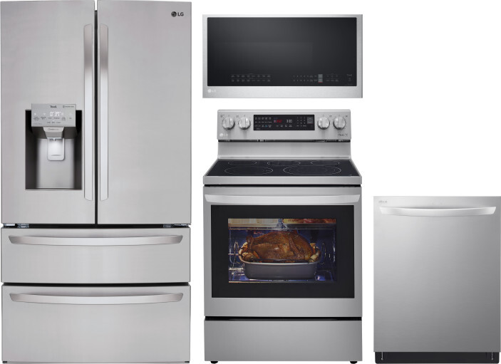 LG 4 Piece Kitchen Appliances Package with French Door Refrigerator, Electric Range, Dishwasher and Over the Range Microwave in Stainless Steel LGRERA