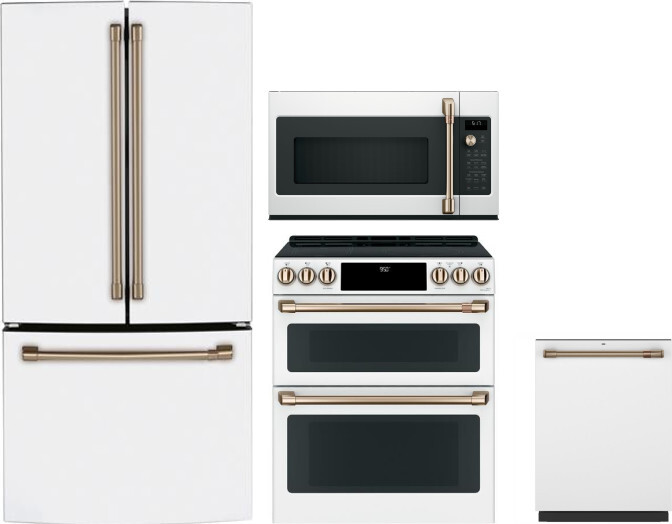 Cafe 4 Piece Kitchen Appliances Package with French Door Refrigerator, Induction Range, Dishwasher and Over the Range Microwave in Matte White CAFRERA