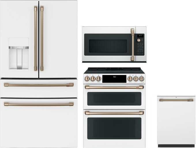 Cafe 4 Piece Kitchen Appliances Package with French Door Refrigerator, Induction Range, Dishwasher and Over the Range Microwave in Matte White CAFRERA