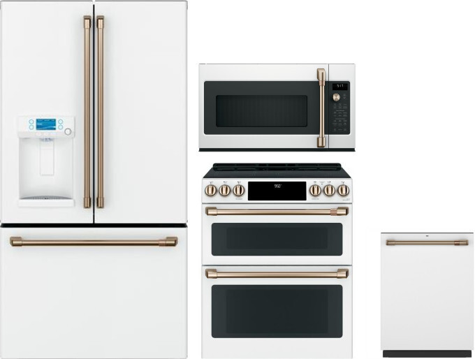 Cafe 4 Piece Kitchen Appliances Package with French Door Refrigerator, Induction Range, Dishwasher and Over the Range Microwave in Matte White CAFRERA