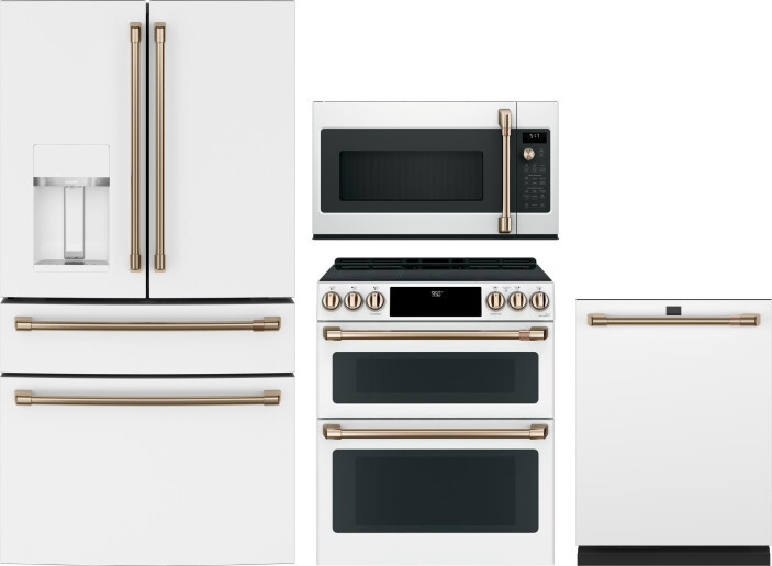 Cafe 4 Piece Kitchen Appliances Package with French Door Refrigerator, Induction Range, Dishwasher and Over the Range Microwave in Matte White CAFRERA