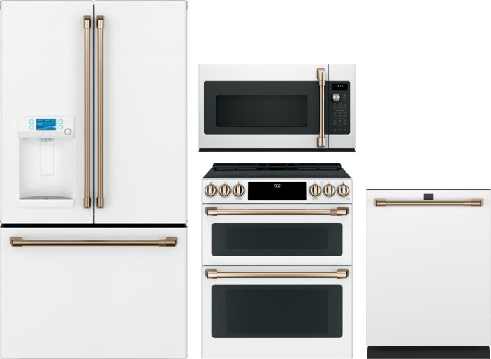 Cafe 4 Piece Kitchen Appliances Package with French Door Refrigerator, Induction Range, Dishwasher and Over the Range Microwave in Matte White CAFRERA