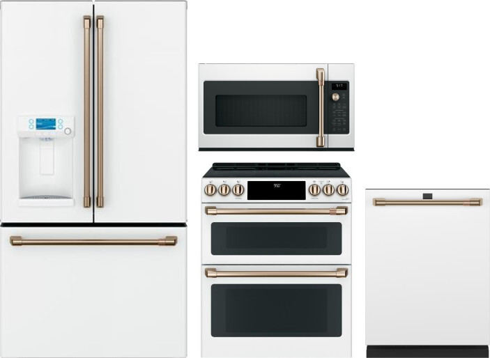 Cafe 4 Piece Kitchen Appliances Package with French Door Refrigerator, Induction Range, Dishwasher and Over the Range Microwave in Matte White CAFRERA