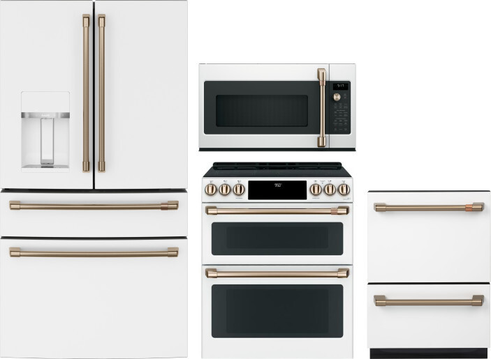 Cafe 4 Piece Kitchen Appliances Package with French Door Refrigerator, Induction Range, Dishwasher and Over the Range Microwave in Matte White CAFRERA