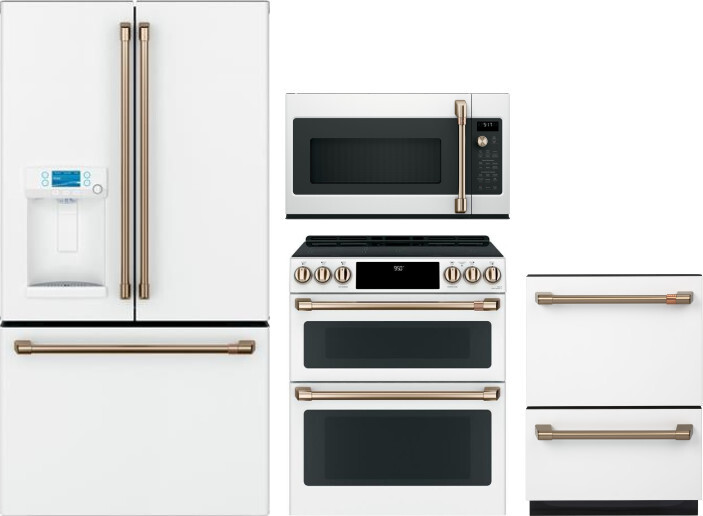 Cafe 4 Piece Kitchen Appliances Package with French Door Refrigerator, Induction Range, Dishwasher and Over the Range Microwave in Matte White CAFRERA