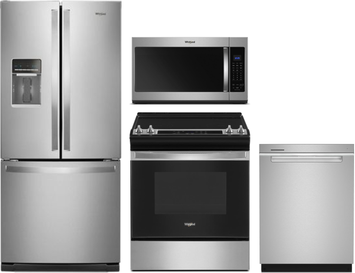 Whirlpool 4 Piece Kitchen Appliances Package with French Door Refrigerator, Electric Range, Over the Range Microwave and Dishwasher in Stainless Steel