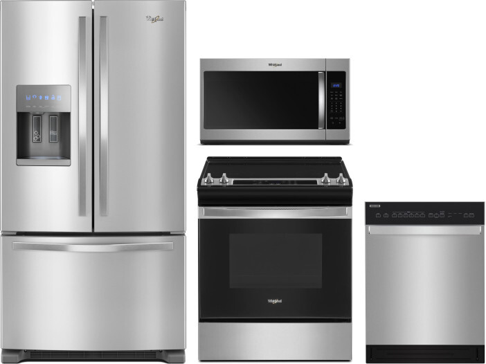 Whirlpool 4 Piece Kitchen Appliances Package with French Door Refrigerator, Electric Range, Over the Range Microwave and Dishwasher in Stainless Steel