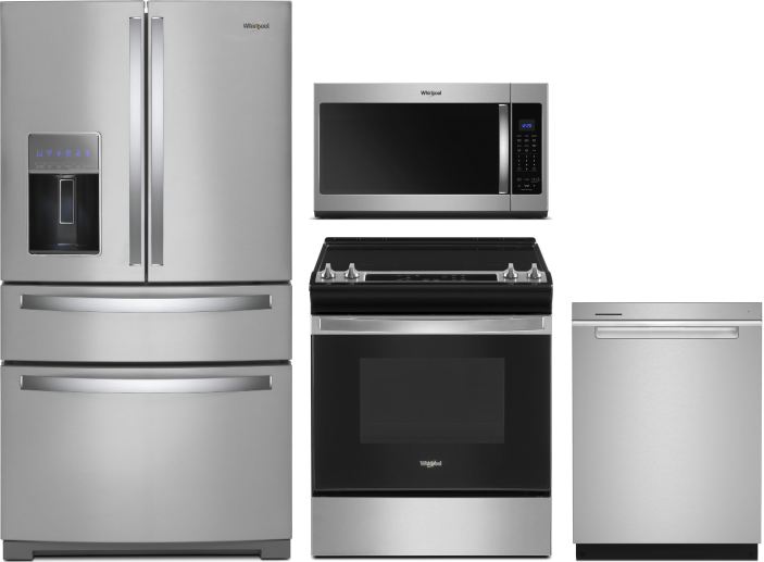 Whirlpool 4 Piece Kitchen Appliances Package with French Door Refrigerator, Electric Range, Over the Range Microwave and Dishwasher in Stainless Steel