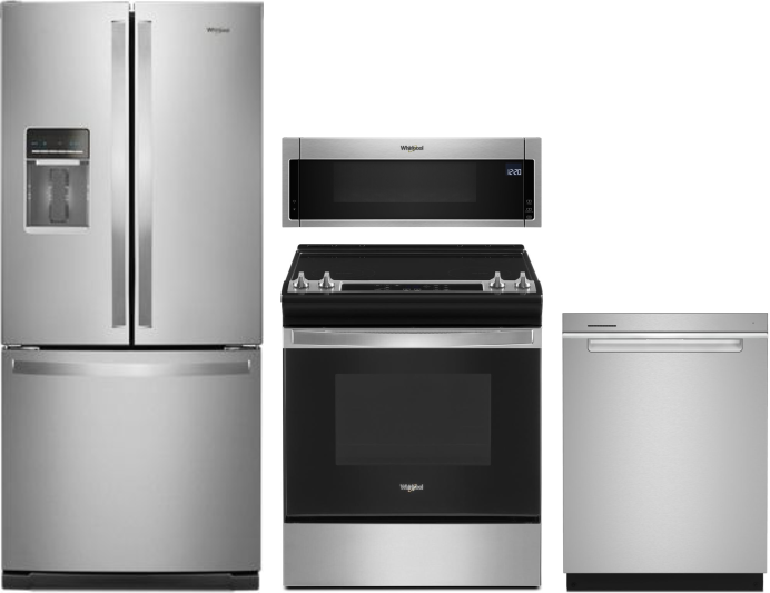 Whirlpool 4 Piece Kitchen Appliances Package with French Door Refrigerator, Electric Range, Over the Range Microwave and Dishwasher in Stainless Steel