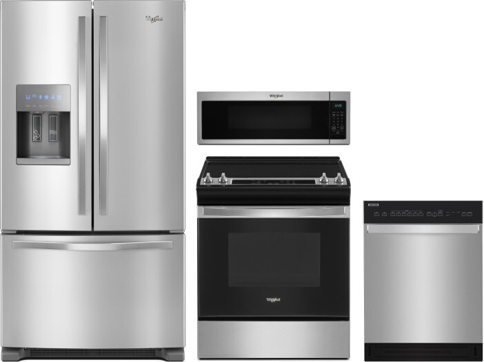 Whirlpool 4 Piece Kitchen Appliances Package with French Door Refrigerator, Electric Range, Over the Range Microwave and Dishwasher in Stainless Steel
