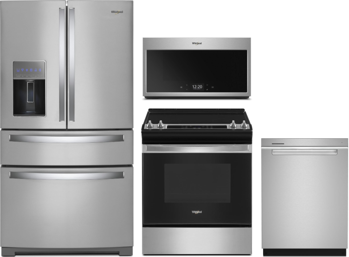 Whirlpool 4 Piece Kitchen Appliances Package with French Door Refrigerator, Electric Range, Over the Range Microwave and Dishwasher in Stainless Steel