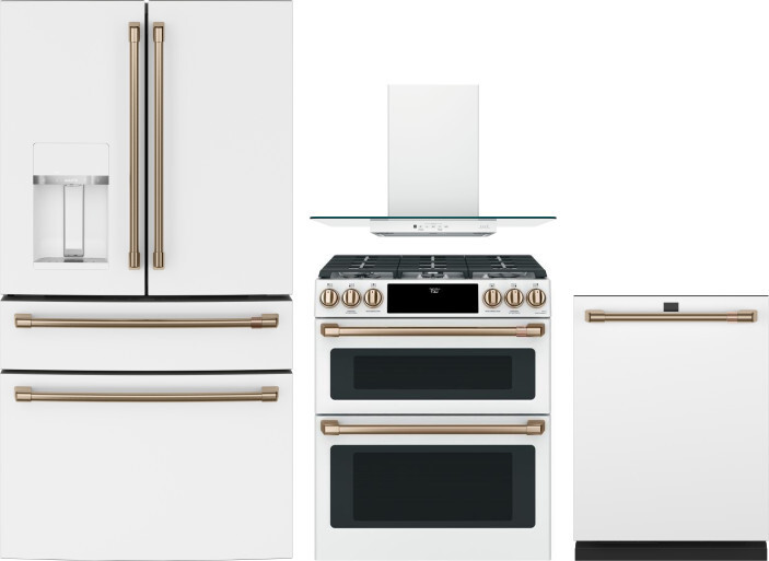 Cafe 4 Piece Kitchen Appliances Package with French Door Refrigerator, Gas Range and Dishwasher in Matte White CAFRERADWRH770
