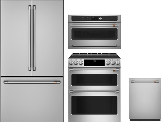 Cafe 4 Piece Kitchen Appliances Package with French Door Refrigerator, Induction Range, Dishwasher and Built In Microwave in Stainless Steel CAFRERADW