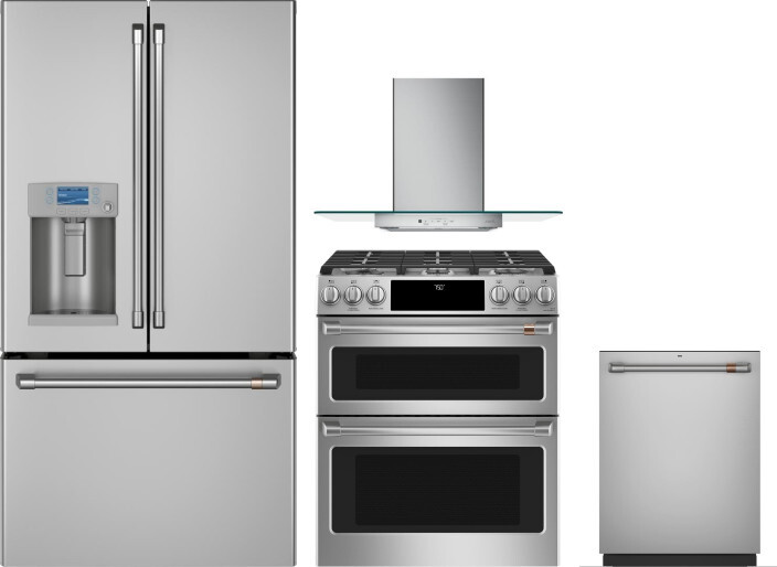 Cafe 4 Piece Kitchen Appliances Package with French Door Refrigerator, Gas Range and Dishwasher in Stainless Steel CAFRERADWRH772