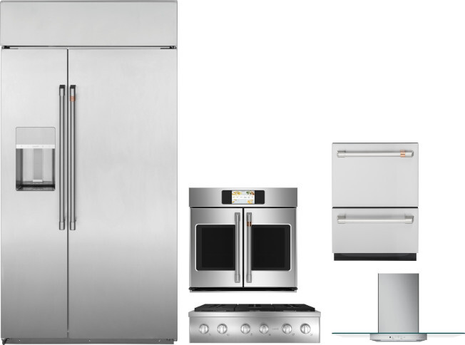 Cafe 5 Piece Kitchen Appliances Package with Side-by-Side Refrigerator and Dishwasher in Stainless Steel CAFRECTWODWRH570