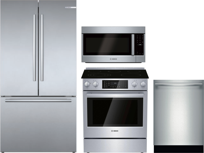 Bosch 4 Piece Kitchen Appliances Package with French Door Refrigerator, Electric Range, Dishwasher and Over the Range Microwave in Stainless Steel BOR