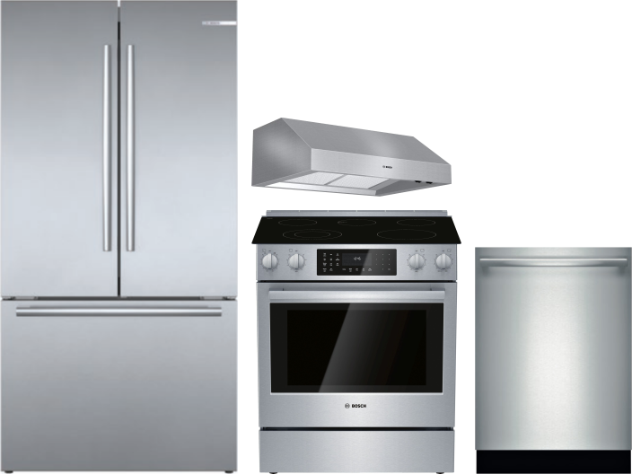 Bosch 4 Piece Kitchen Appliances Package with French Door Refrigerator, Electric Range and Dishwasher in Stainless Steel BORERADWRH610