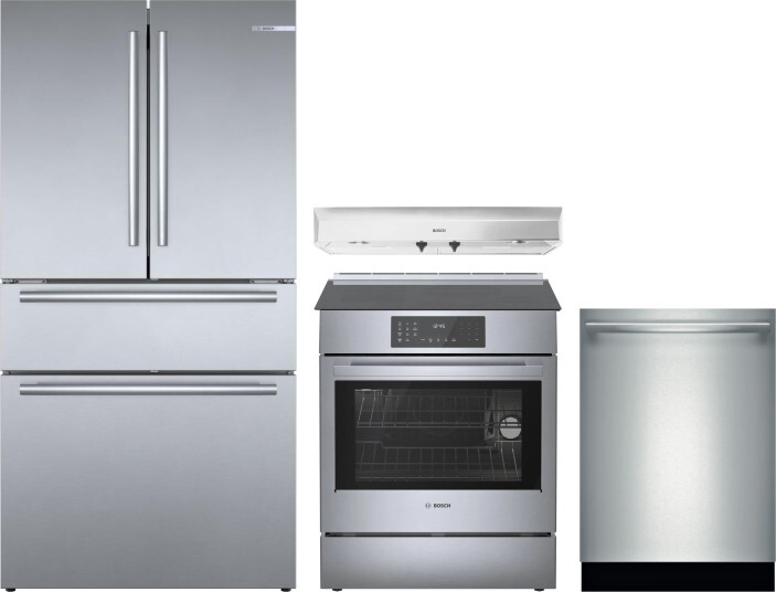 Bosch 4 Piece Kitchen Appliances Package with French Door Refrigerator, Induction Range and Dishwasher in Stainless Steel BORERADWRH611