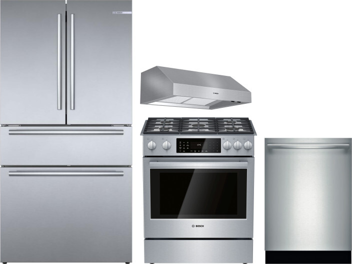 Bosch 4 Piece Kitchen Appliances Package with French Door Refrigerator, Dual Fuel Range and Dishwasher in Stainless Steel BORERADWRH613