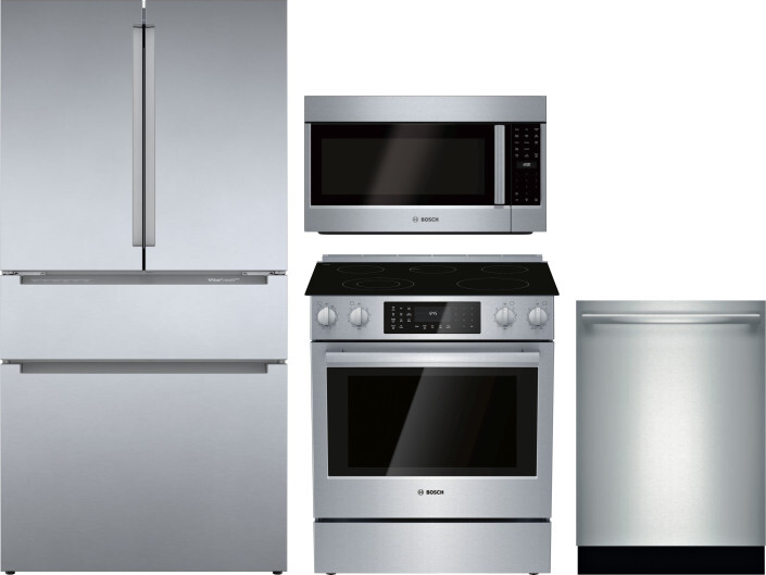 Bosch 4 Piece Kitchen Appliances Package with French Door Refrigerator, Electric Range, Dishwasher and Over the Range Microwave in Stainless Steel BOR