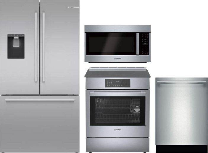 Bosch 4 Piece Kitchen Appliances Package with French Door Refrigerator, Induction Range, Dishwasher and Over the Range Microwave in Stainless Steel BO