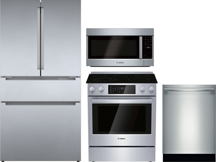 Bosch 4 Piece Kitchen Appliances Package with French Door Refrigerator, Electric Range, Dishwasher and Over the Range Microwave in Stainless Steel BOR