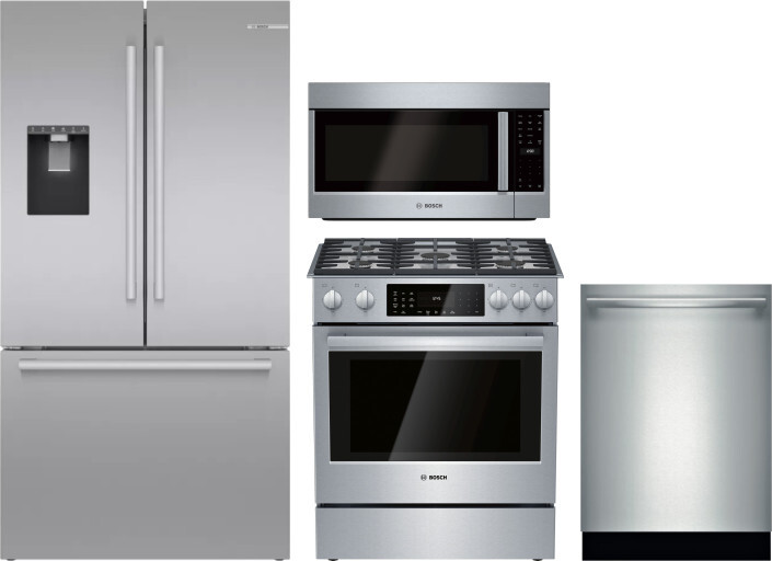 Bosch 4 Piece Kitchen Appliances Package with French Door Refrigerator, Dual Fuel Range, Dishwasher and Over the Range Microwave in Stainless Steel BO