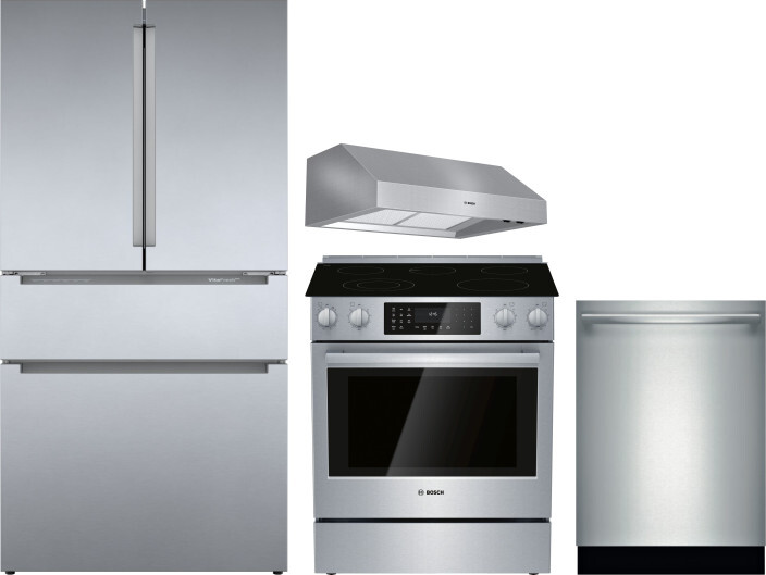 Bosch 4 Piece Kitchen Appliances Package with French Door Refrigerator, Electric Range and Dishwasher in Stainless Steel BORERADWRH618