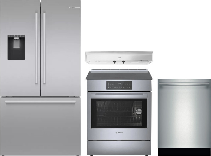 Bosch 4 Piece Kitchen Appliances Package with French Door Refrigerator, Induction Range and Dishwasher in Stainless Steel BORERADWRH619