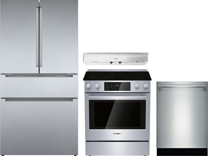 Bosch 4 Piece Kitchen Appliances Package with French Door Refrigerator, Electric Range and Dishwasher in Stainless Steel BORERADWRH620