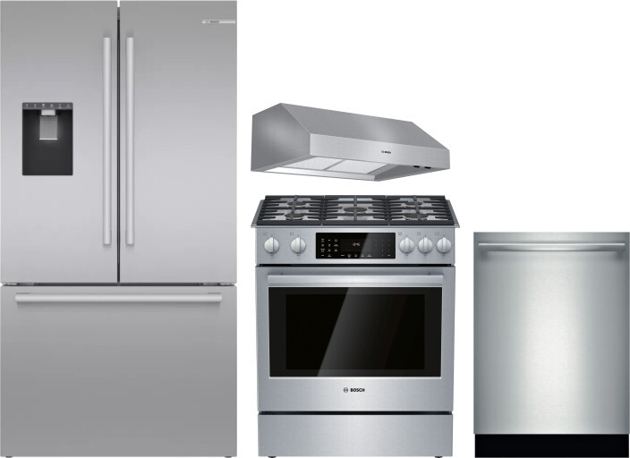 Bosch 4 Piece Kitchen Appliances Package with French Door Refrigerator, Dual Fuel Range and Dishwasher in Stainless Steel BORERADWRH621