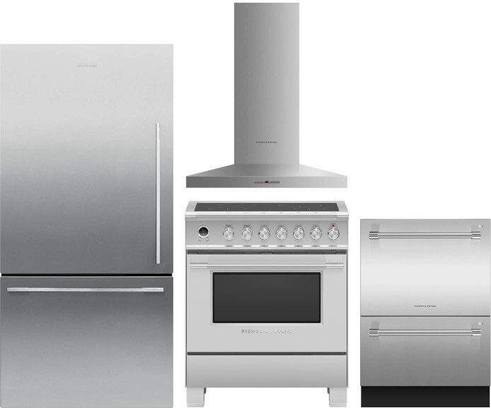 Fisher & Paykel 4 Piece Kitchen Appliances Package with Bottom Freezer Refrigerator, Induction Range and Dishwasher in Stainless Steel FPRERADWRH6511