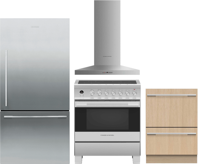 Fisher & Paykel 4 Piece Kitchen Appliances Package with Bottom Freezer Refrigerator, Induction Range and Dishwasher in Stainless Steel FPRERADWRH6512