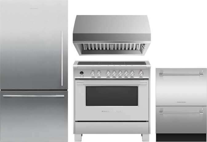 Fisher & Paykel 4 Piece Kitchen Appliances Package with Bottom Freezer Refrigerator, Induction Range and Dishwasher in Stainless Steel FPRERADWRH6531