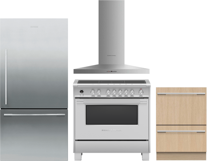 Fisher & Paykel 4 Piece Kitchen Appliances Package with Bottom Freezer Refrigerator, Induction Range and Dishwasher in Stainless Steel FPRERADWRH6532