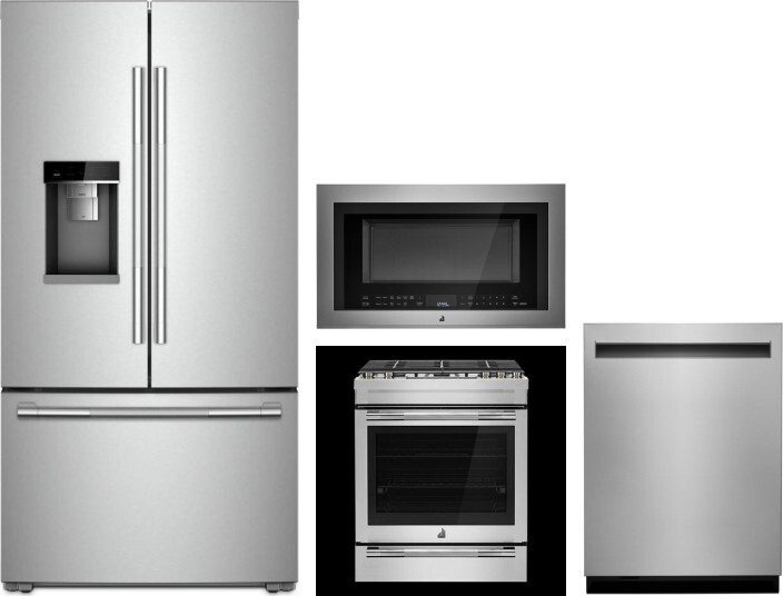 JennAir 4 Piece Kitchen Appliances Package with French Door Refrigerator, Gas Range, Dishwasher and Over the Range Microwave in Stainless Steel JARERA