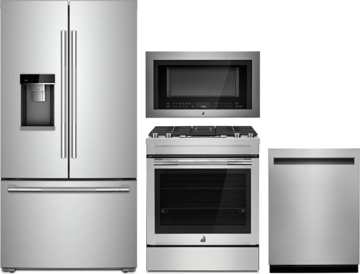 JennAir 4 Piece Kitchen Appliances Package with French Door Refrigerator, Dual Fuel Range, Dishwasher and Over the Range Microwave in Stainless Steel 