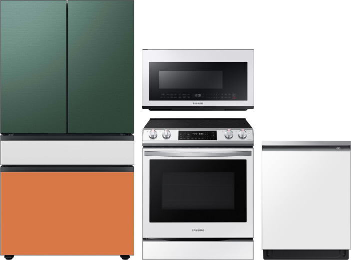 Samsung 4 Piece Kitchen Appliances Package with French Door Refrigerator, Electric Range, Dishwasher and Over the Range Microwave in Panel Ready SARER