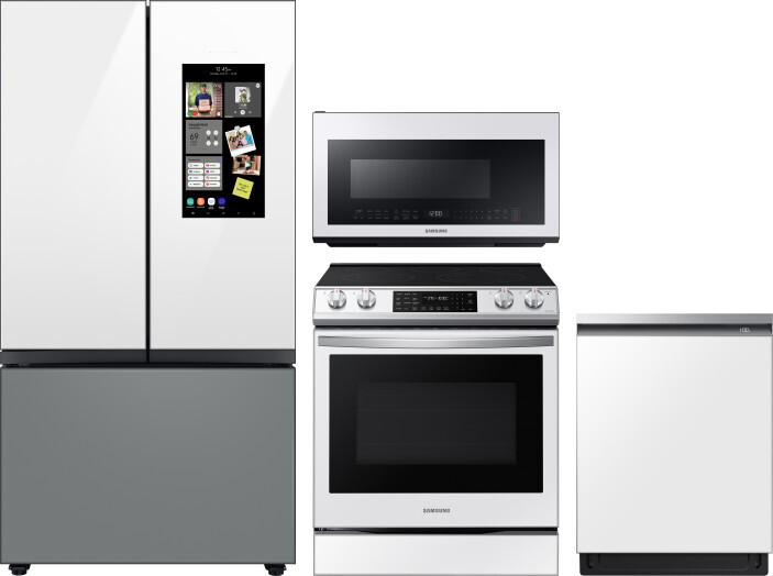 Samsung 4 Piece Kitchen Appliances Package with French Door Refrigerator, Electric Range, Dishwasher and Over the Range Microwave in White Glass SARER
