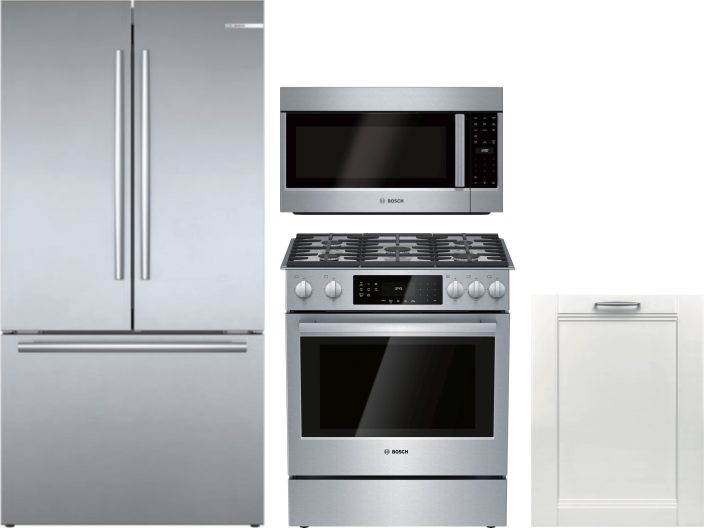 Bosch 4 Piece Kitchen Appliances Package with French Door Refrigerator, Gas Range, Dishwasher and Over the Range Microwave in Stainless Steel BORERADW
