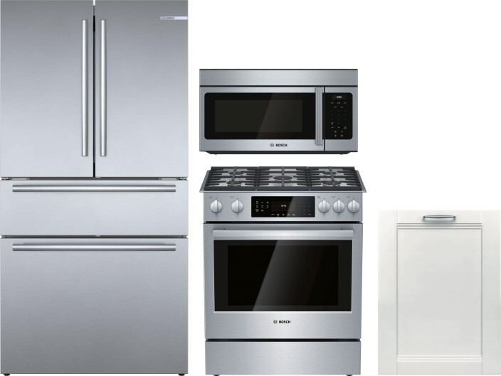 Bosch 4 Piece Kitchen Appliances Package with French Door Refrigerator, Gas Range, Dishwasher and Over the Range Microwave in Stainless Steel BORERADW