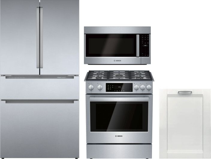 Bosch 4 Piece Kitchen Appliances Package with French Door Refrigerator, Gas Range, Dishwasher and Over the Range Microwave in Stainless Steel BORERADW