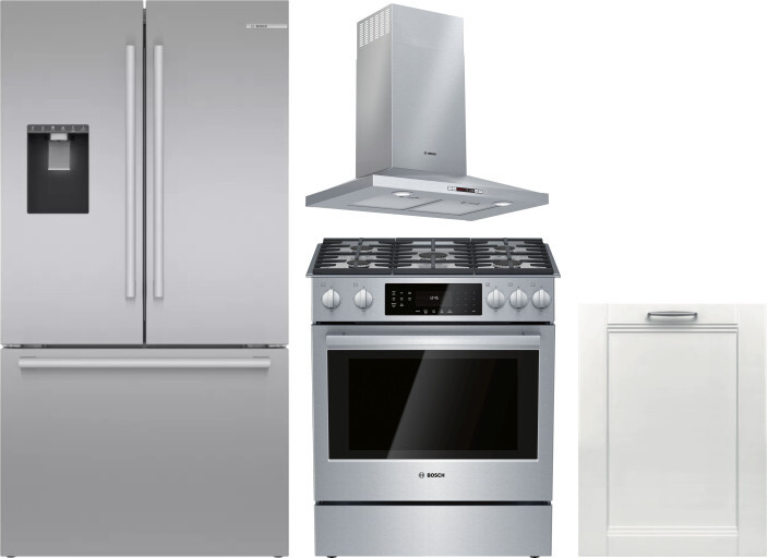 Bosch 4 Piece Kitchen Appliances Package with French Door Refrigerator, Gas Range and Dishwasher in Stainless Steel BORERADWMW9123