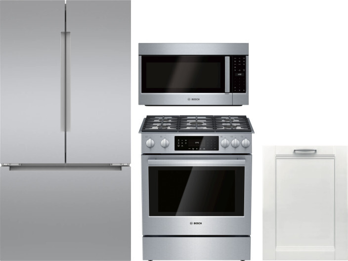 Bosch 4 Piece Kitchen Appliances Package with French Door Refrigerator, Gas Range, Dishwasher and Over the Range Microwave in Stainless Steel BORERADW