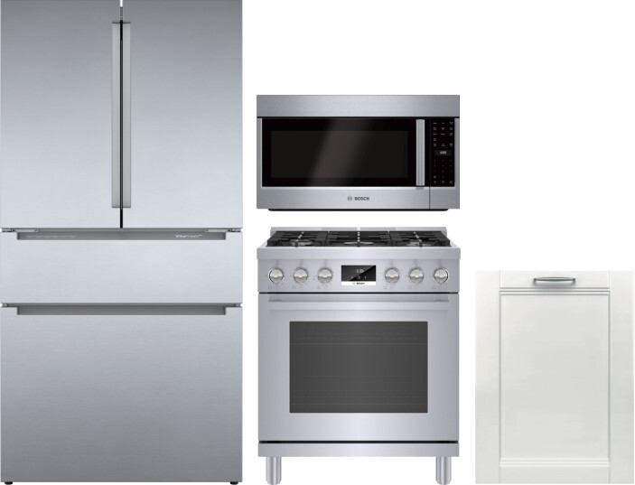 Bosch 4 Piece Kitchen Appliances Package with French Door Refrigerator, Gas Range, Dishwasher and Over the Range Microwave in Stainless Steel BORERADW