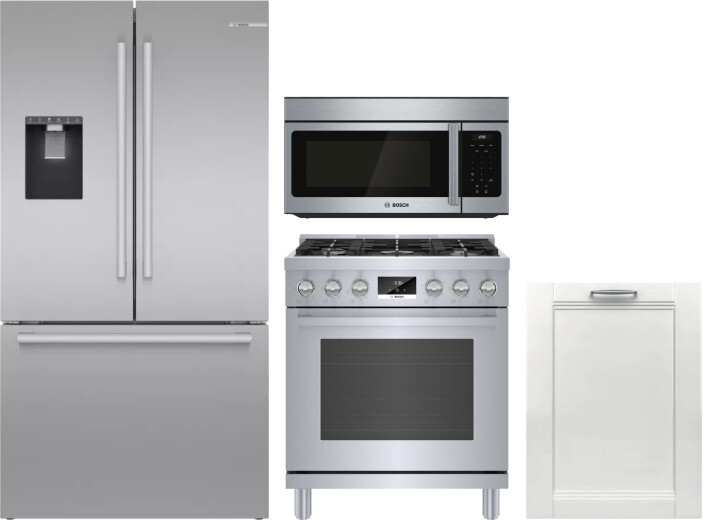 Bosch 4 Piece Kitchen Appliances Package with French Door Refrigerator, Gas Range, Dishwasher and Over the Range Microwave in Stainless Steel BORERADW