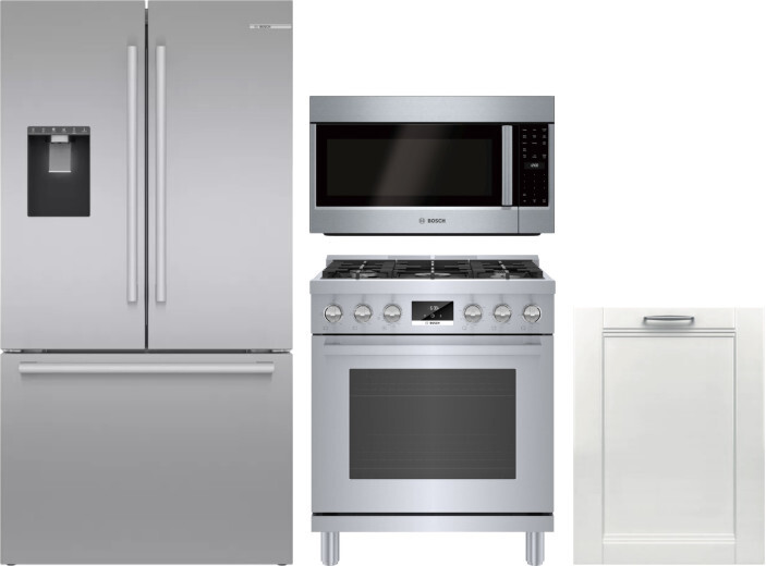 Bosch 4 Piece Kitchen Appliances Package with French Door Refrigerator, Gas Range, Dishwasher and Over the Range Microwave in Stainless Steel BORERADW