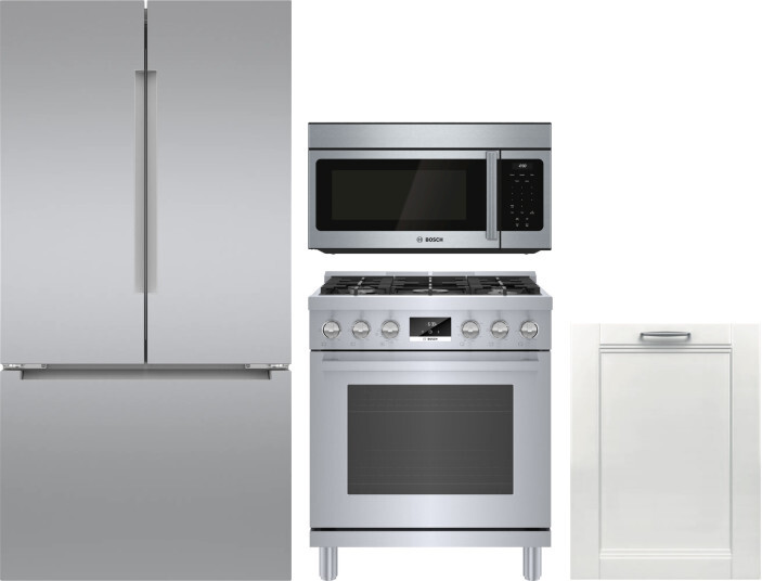Bosch 4 Piece Kitchen Appliances Package with French Door Refrigerator, Gas Range, Dishwasher and Over the Range Microwave in Stainless Steel BORERADW